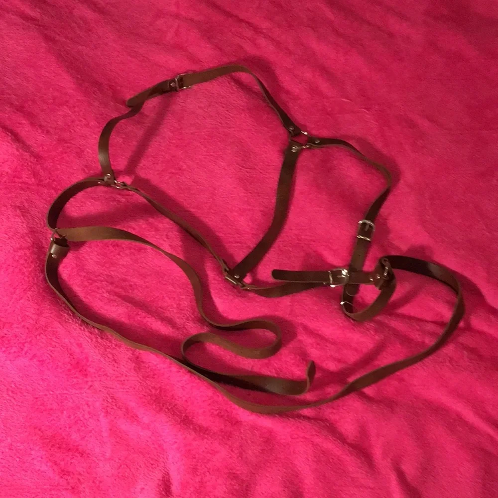 Brown Faux Leather Harness Belt with Metal Buckle Details